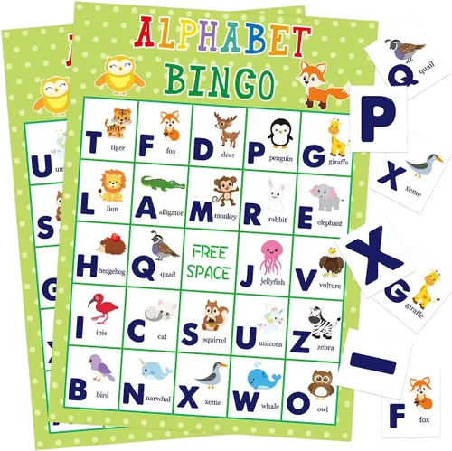 Fancy Land Juego de bingo del alfabeto, juego educativo de aprendizaje de letras para niños, escuela, aula, hogar, suministros para fiestas de
