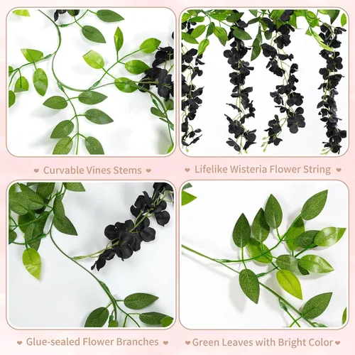 Miniatura 6 de U'Artlines 10 Piezas 7.2 Pies/Pieza Guirnalda de Glicina Artificial de Seda Flores de Glicina Negra Falsas Follaje Colgante Vides Guirnaldas