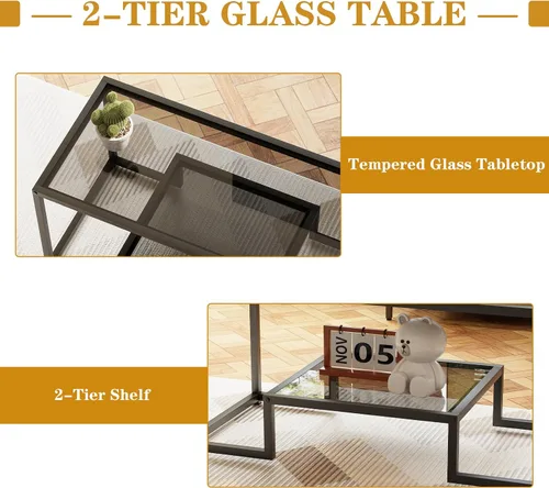 Miniatura 8 de Wolawu Mesa de Café de Cristal Gris Mesa de Café para Sala de Estar, Mesa Central Rectangular de 2 Niveles con Marco de Metal Resistente, Mesa