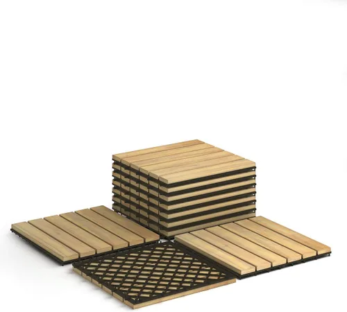 Miniatura 9 de Giantex Azulejos entrelazados para terrazas de patio, azulejos de madera de acacia, montaje sin herramientas, adoquines de patio compuestos
