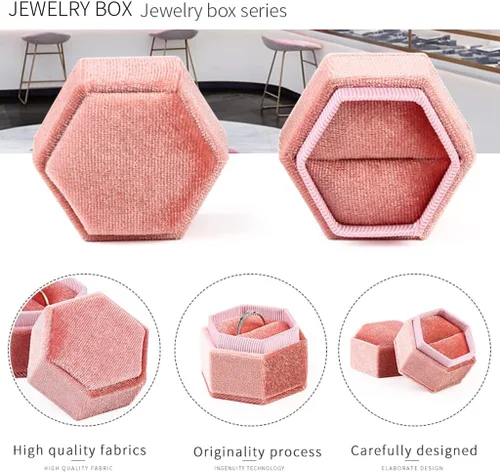 Miniatura 4 de Caja hexagonal de terciopelo para anillos con doble anillo, elegante caja de almacenamiento de joyas para propuestas, compromiso, aniversario, Blanco