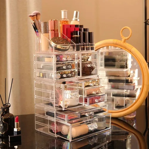 Miniatura 4 de Cq Acrylic Paquete de 4 organizadores de maquillaje transparentes, apilables con 10 cajones para tocador, joyas, pinzas para el cabello, productos
