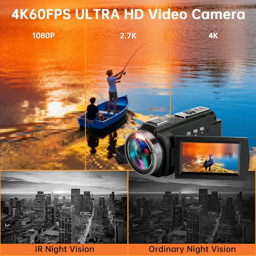 Miniatura 4 de Videocámara 4K60FPS 48MP Vlogging Cámara para YouTube 3.0" Pantalla táctil 16X Zoom Digital WiFi IR Visión Nocturna con 2 Baterías Micrófono Estéreo