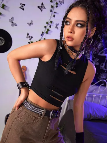Miniatura 5 de Floerns Camiseta corta sin mangas con cuello redondo para mujer, estilo punk, rock, color liso y rasgado