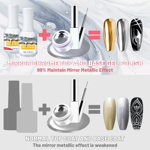 Miniatura 2 de Capa base de 0.5 fl oz para gel de pintura metálica, esmalte base sin limpiar para polvo de uñas cromado, gel de uñas de espejo, fácil de hacer