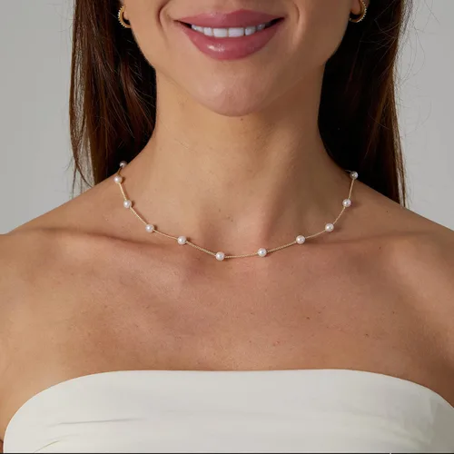 Miniatura 2 de Feskive Delicado collar con colgante de perlas para mujer, chapado en oro de 14 quilates, elegante collar de perlas de agua dulce, collar de perlas