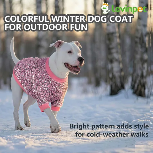Miniatura 6 de LovinPet Chaqueta para mastín, ropa de invierno ligera de franela mejorada, tela agradable a la piel, ropa fina con estampado de leopardo rosa