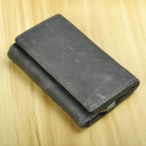 Miniatura 3 de Le'aokuu Funda de cuero genuino para llave de coche con gancho para monedas, billetera a presión, Gris, Cartera grande