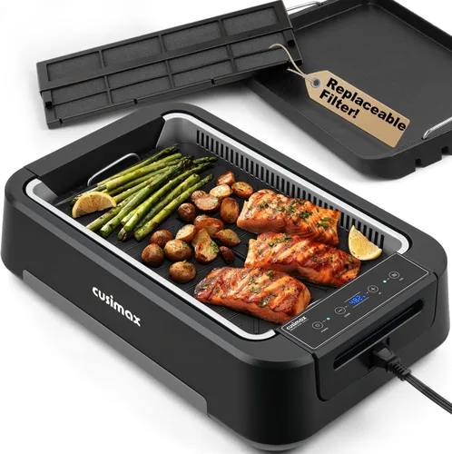 Parrilla eléctrica para interiores CUSIMAX con plancha, sin humo, con esponja de filtro de humo reemplazable, parrilla de barbacoa coreana de 1500