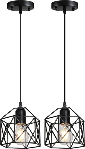 Miniatura 11 de Lámpara colgante vintage de 1 luz, lámpara de techo colgante con jaula de metal para cocina, isla, comedor, restaurante, pasillo, hotel, bar