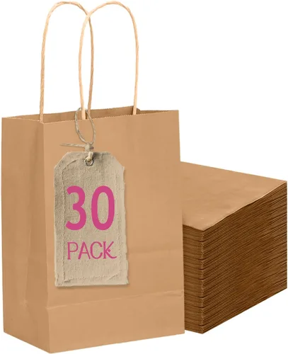 qiqee Paquete de 30 bolsas de regalo marrones con asas a granel de 4.5 x 2.5 x 6 pulgadas, bolsas de papel de fiesta de tamaño mini