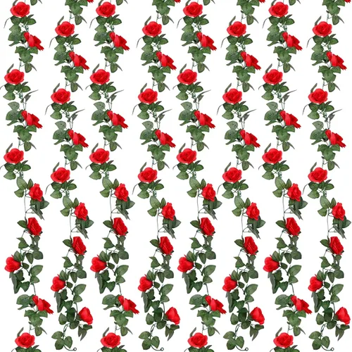 Miniatura 10 de Syhood Guirnalda de rosas artificiales, enredaderas y hojas, pancartas colgantes, guirnalda floral falsa para ceremonia de arco de boda, hogar, Rojo