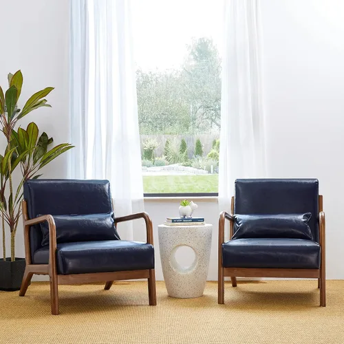 Miniatura 10 de Glitzhome Sillón Accent de mediados de siglo en verde cazador, sillón de lectura individual de cuero PU con marco de nogal y ruberwood Pu verde.