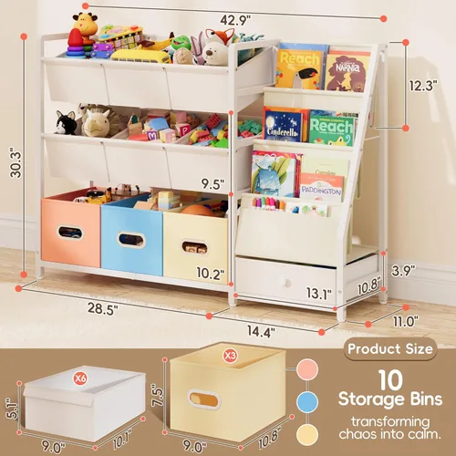 Miniatura 2 de HAVLOTII Organizador de almacenamiento de juguetes, estantería para niños y almacenamiento de juguetes con 3 estantes para libros y 10 contenedores