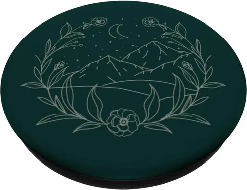 Miniatura 2 de Boho Mountain Moon Night Botánico Floral (verde bosque) PopSockets PopGrip estándar