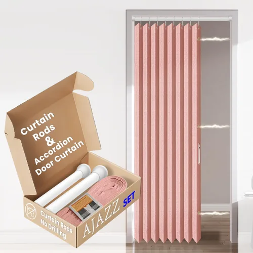 Miniatura 20 de AJAZZ Conjunto: Barras para cortinas sin perforación (28-39" de ancho) y cortina acordeón para puerta, beige 43" de ancho × 78" de largo, puertas