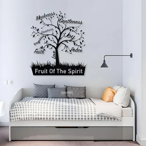 Miniatura 5 de Cadeali Arte de pared de metal con árbol de fruta del espíritu, decoración de pared de metal con versículo bíblico, letrero de Gálatas 5:22-23, obra