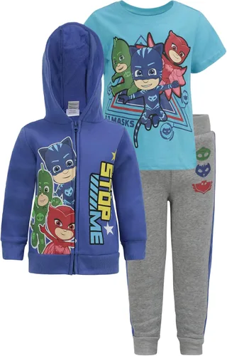 PJ Masks Boys Catboy, Gekko and Owlette 3 Piece Zip Up Hoodie, T-Shirt and Jogger Pants Set for Toddler and Little Kids