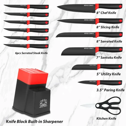 Miniatura 2 de Juego de 14 piezas de bloque de cuchillos de cocina con afilador, cuchillos de chef de acero inoxidable de alto carbono alemán, hoja de afeitar Rojo