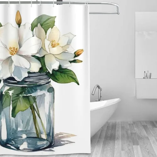 Miniatura 2 de YLATY3027 - Cortina de ducha con estampado de flores y flores para baño, juego de cortina de ducha bohemia con hojas verdes y flores blancas, tela