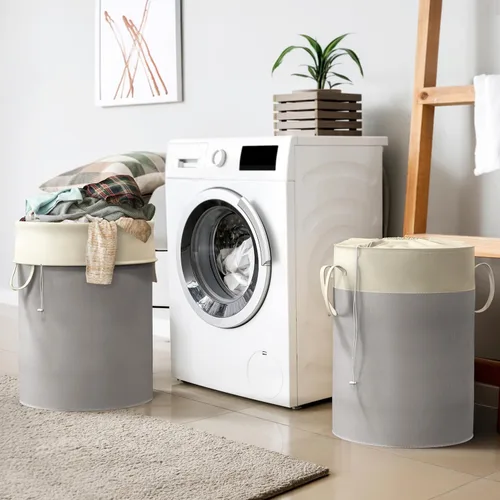Miniatura 7 de Simple Houseware Cesta de lavandería plegable de 74L, cesta redonda de algodón con cierre de cordón y asas, paquete de 2, color gris
