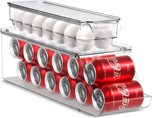 Sorbus Organizador de latas de soda para refrigerador y soporte para huevos para refrigerador, 1 dispensador apilable para latas con capacidad para