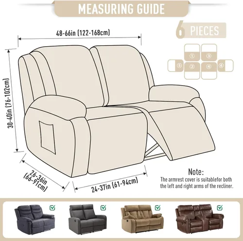 Miniatura 6 de TAOCOCO Funda para sofá biplaza reclinable, 6 piezas, fundas dobles para sofá biplaza reclinable doble de 2 asientos, protector de muebles con Beige