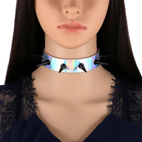 Miniatura 5 de FM FM42 Gargantilla holográfica multicolor de PU en tono negro con remaches con picos punk rock gótico