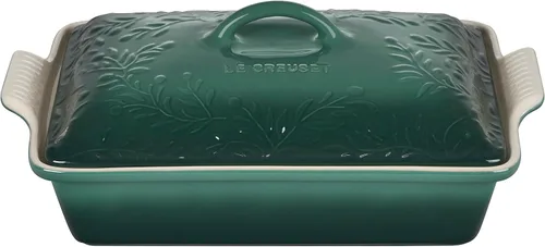 Miniatura 6 de Le Creuset Olive Branch Collection Heritage - Cacerola rectangular cubierta de cerámica, 4 cuartos de galón, Marsella con tapa en relieve