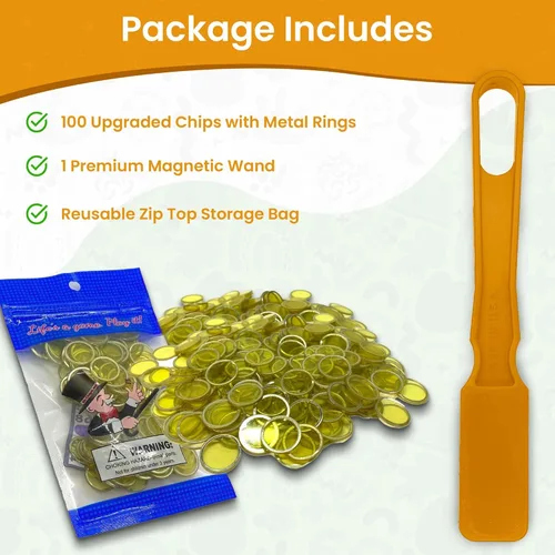 Miniatura 2 de MR CHIPS Varitas magnéticas fabricadas en Estados Unidos y chips de plástico de 3/4 pulgadas con anillos de metal, 100 piezas, bolsa de Amarillo