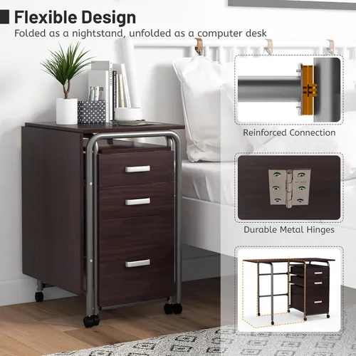 Miniatura 5 de Giantex Escritorio plegable para espacio pequeño, escritorio de oficina en casa rodante con 3 cajones y ruedas universales con cerradura, escritorio