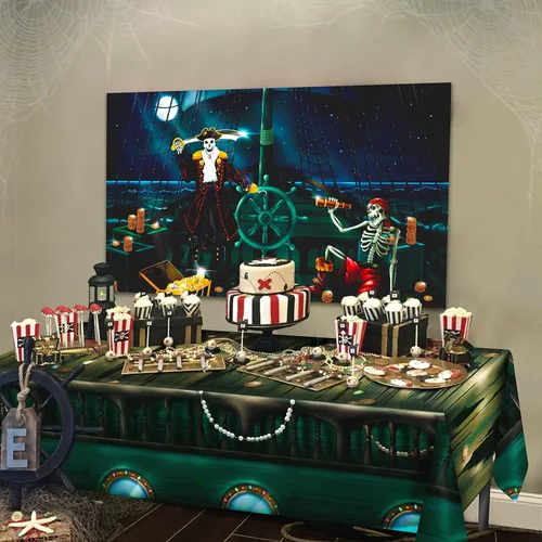 Miniatura 5 de Cheerland Telón de fondo de tela para fiesta de cumpleaños de pirata, decoración de Halloween, esqueleto de cráneo, piratas, cartel de puerta