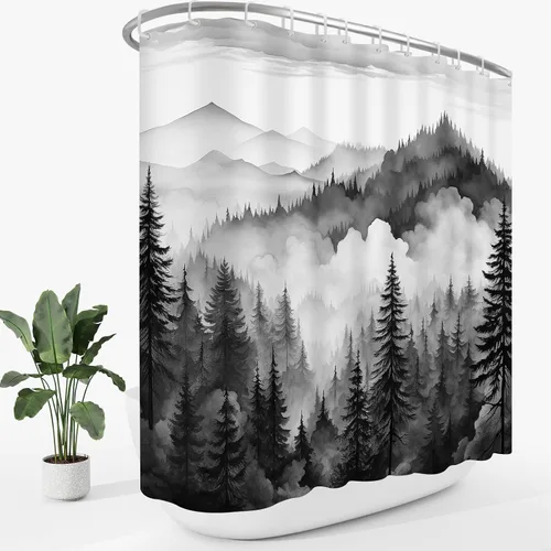 Miniatura 31 de Cortina de ducha pequeña de 36 x 72 pulgadas, cortina de medio tamaño de bosque brumoso, cortina de ducha estrecha mitad negra y blanca de montaña