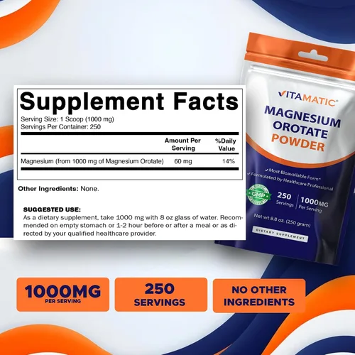 Miniatura 2 de Vitamatic Orotato de magnesio 1000 mg por porción apoya la salud muscular, las articulaciones y el corazón, 8.82 oz - 250 porciones