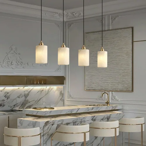 Miniatura 2 de Lámpara colgante de mármol cilíndrico nórdico, moderna lámpara colgante de cobre completo con pantalla de piedra natural, candelabros de altura