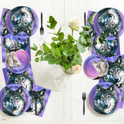 Miniatura 6 de 96 piezas de suministros de fiesta de lobo, platos, servilletas, juego de vajilla, suministros de cumpleaños de animales de lobo, vajilla