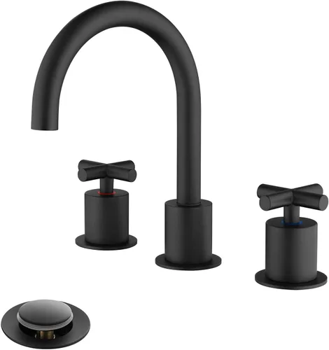 2 grifos de lavabo de baño dorados con mango cruzado con drenaje de residuos para fregadero de cubierta de 3 agujeros, latón macizo negro mate Mate
