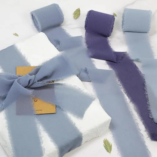 Miniatura 2 de Cinta de gasa de seda con flecos de 1-1/2 pulgadas x 16.5 yardas, 3 rollos de cintas hechas a mano para envoltura de regalos, invitaciones de boda