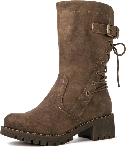 Miniatura 2 de Globalwin - Botas de motociclista para mujer, agujetas, a media pantorrilla, estilo militar, para festivales