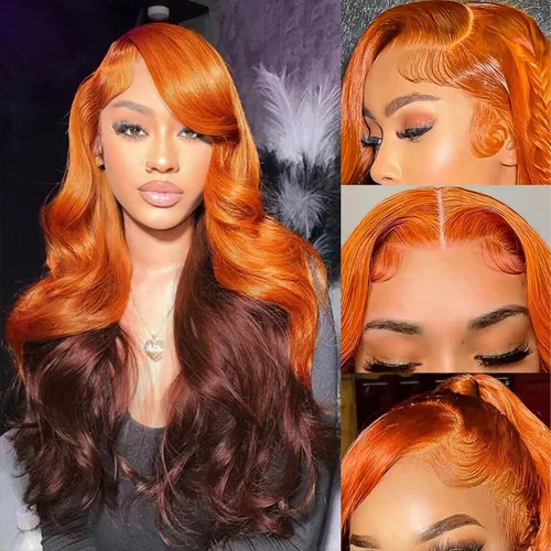 Miniatura 3 de 200% de densidad 13X6 Peluca de encaje frontal con reflejos ombre de pelo humano para mujeres, peluca de encaje frontal color naranja rojizo