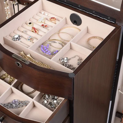 Miniatura 4 de Giantex Armario de joyería grande con 8 cajones y 2 puertas oscilantes 16 ganchos cajas de espejo superior soporte de pecho de almacenamiento
