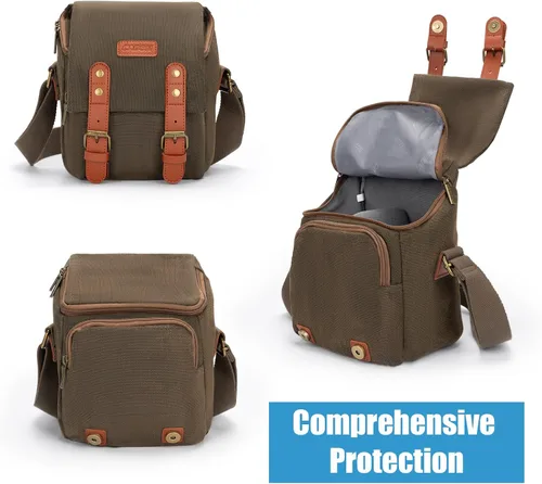 Miniatura 3 de CADeN - Bolso para cámara compacto de cuero con ribete de tela de lona, compatible con Nikon, Canon, Sony, cámara sin espejo y lentes, resistente al