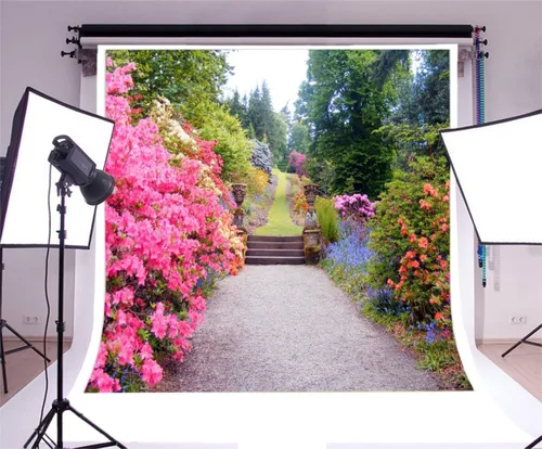 Miniatura 2 de AOFOTO Fondo de fotografía de flores de primavera de 6 x 6 pies, paisaje de jardín, paisaje al aire libre, vintage, parque, mansión, accesorios