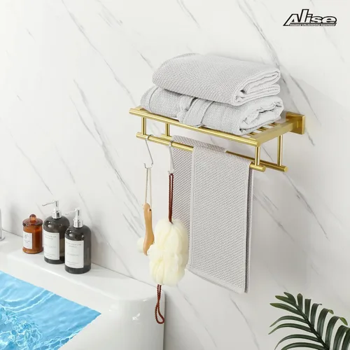 Miniatura 7 de Alise Toallero, toallero con barras dobles para toallas, soporte de torre de montaje en pared para baño y lavabo, estante de toalla de acero Dorado