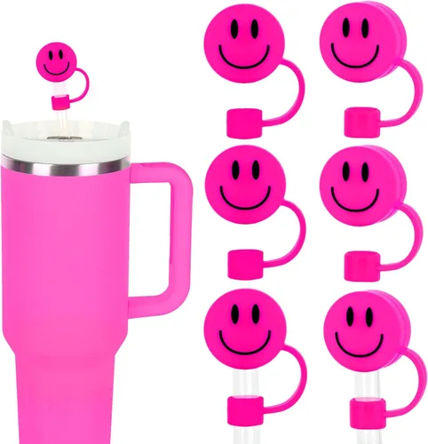 Miniatura 7 de Whaline 6 fundas de cara sonriente, color rosa claro, doble cara, con patrón de punta de 0.4 pulgadas, de silicona, reutilizable, redondo, para vaso