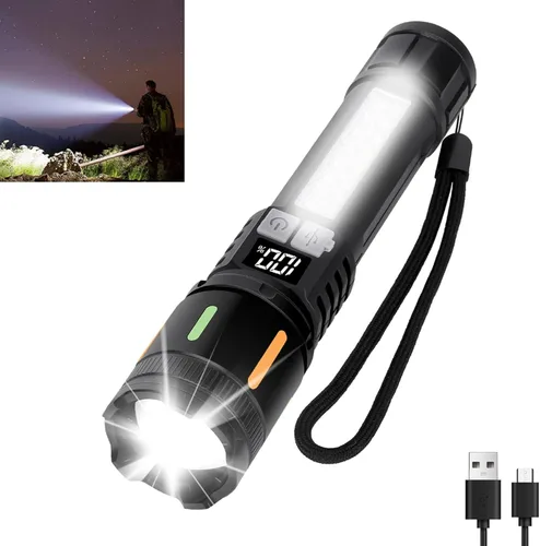 Linterna recargable de lúmenes altos 900,000L, linternas LED portátiles súper brillantes, 5 modos, luz táctica potente con luz lateral Cob, USB C,