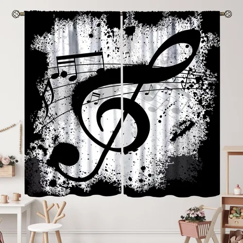 Miniatura 12 de Cortinas de notas musicales, rústicas, mágicas, notas musicales, arte retro, piano y violín, cortina con bolsillo para barra para dormitorio, sala