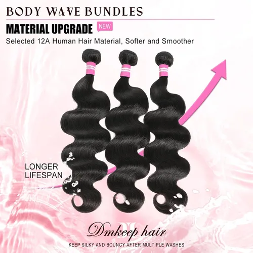 Miniatura 2 de DMKEEP Extensiones de cabello humano ondulado con cierre, 12, 14, 16+10 pulgadas, 100% cabello virgen brasileño sin procesar, 3 paquetes con cierre