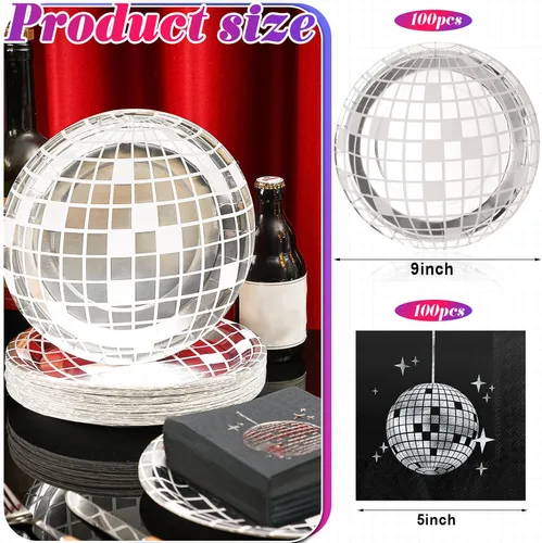Miniatura 4 de Funtery 200 platos de discoteca y servilletas de los años 70 y 80, incluye platos de papel de bola de discoteca y servilletas para 100 invitados