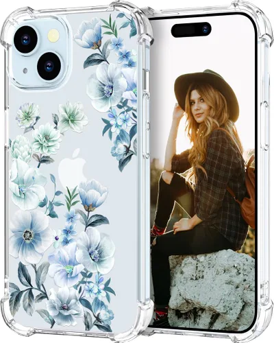 Miniatura 29 de Hungo Funda compatible con iPhone 15 Plus para mujer, diseño floral transparente, lindo, flor azul rosa Rosas Azules